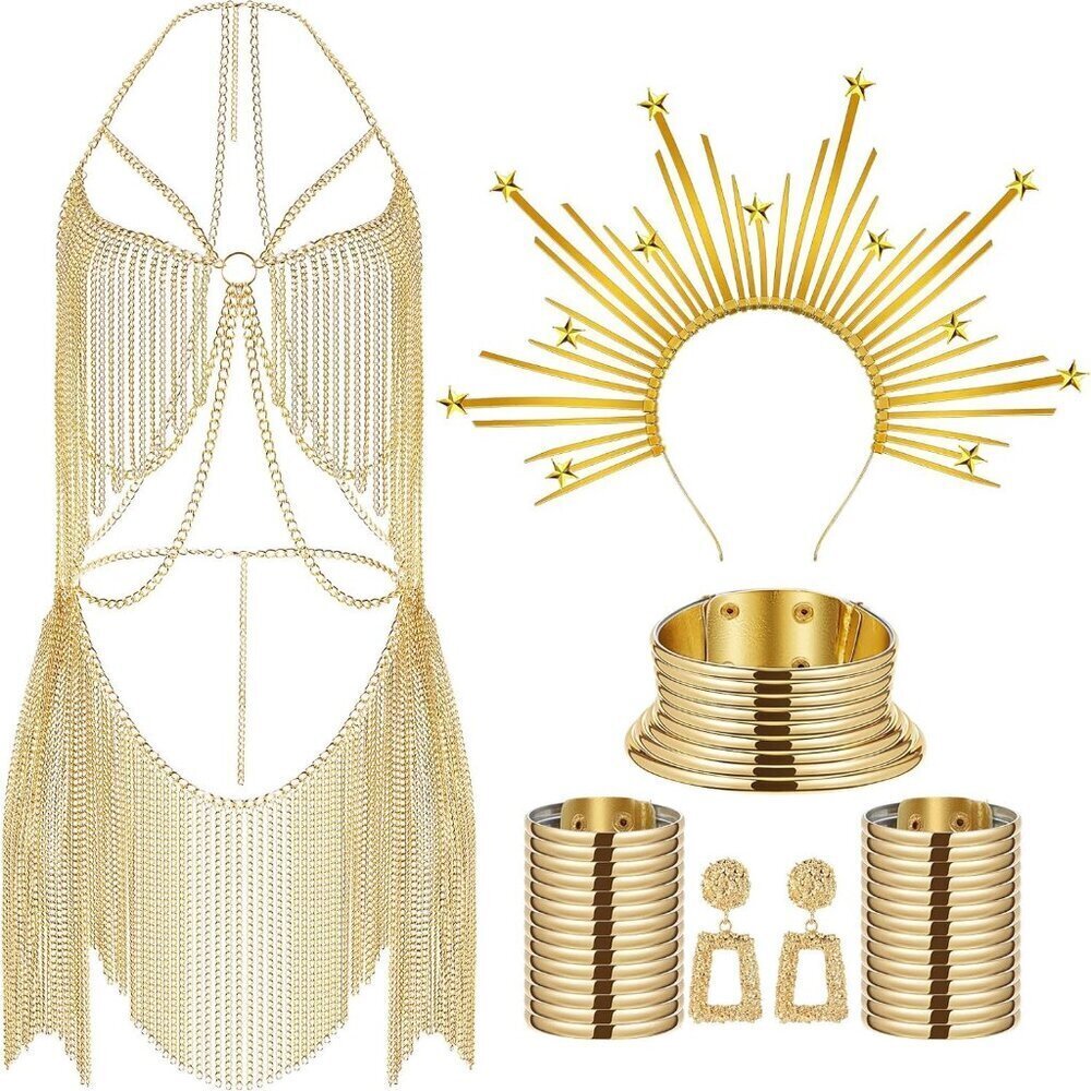 African Jewelry Set for Women Gold Body Chain Headpiece Costume Accessories